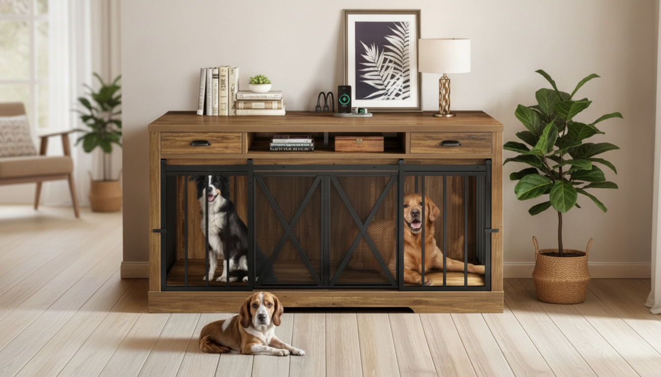 Double Dog Crate TV Stand with Sliding Barn Doors