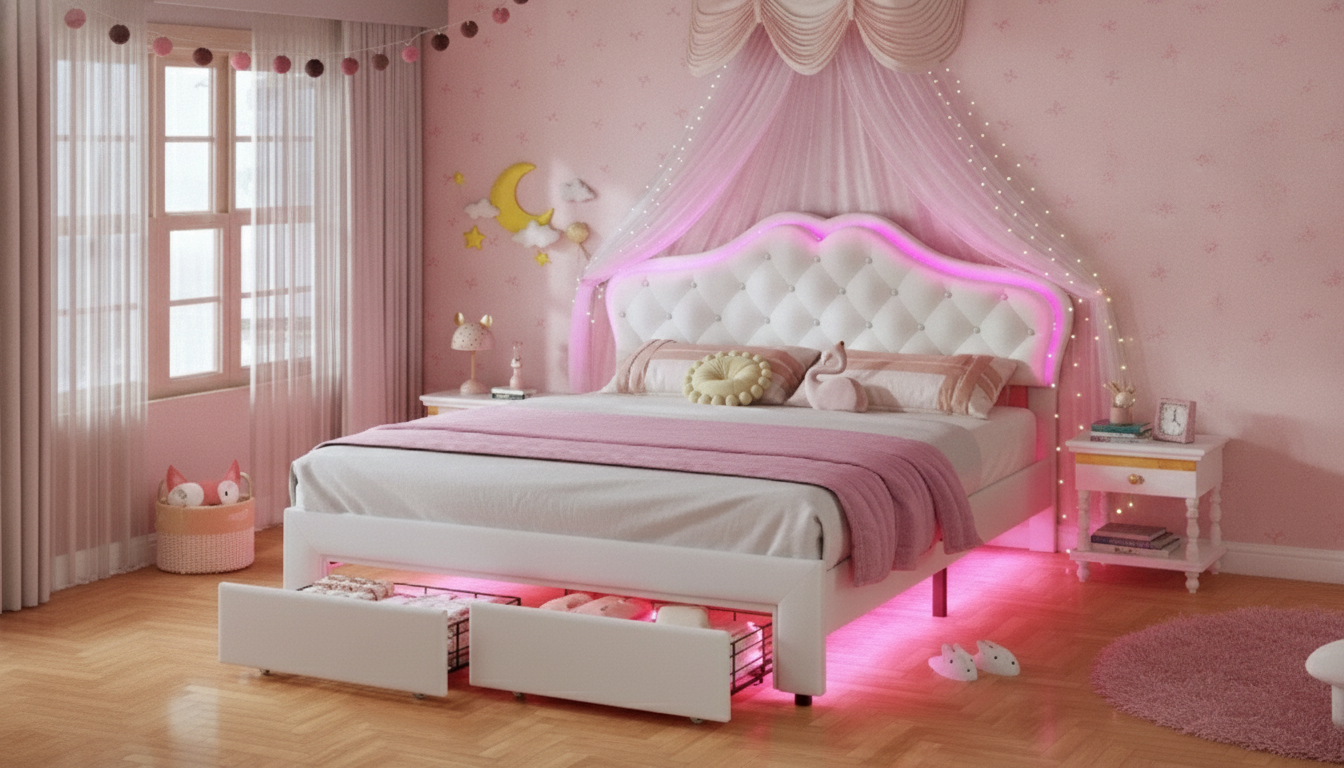 Full-Size Upholstered Princess Bed: LED Lights & Drawers