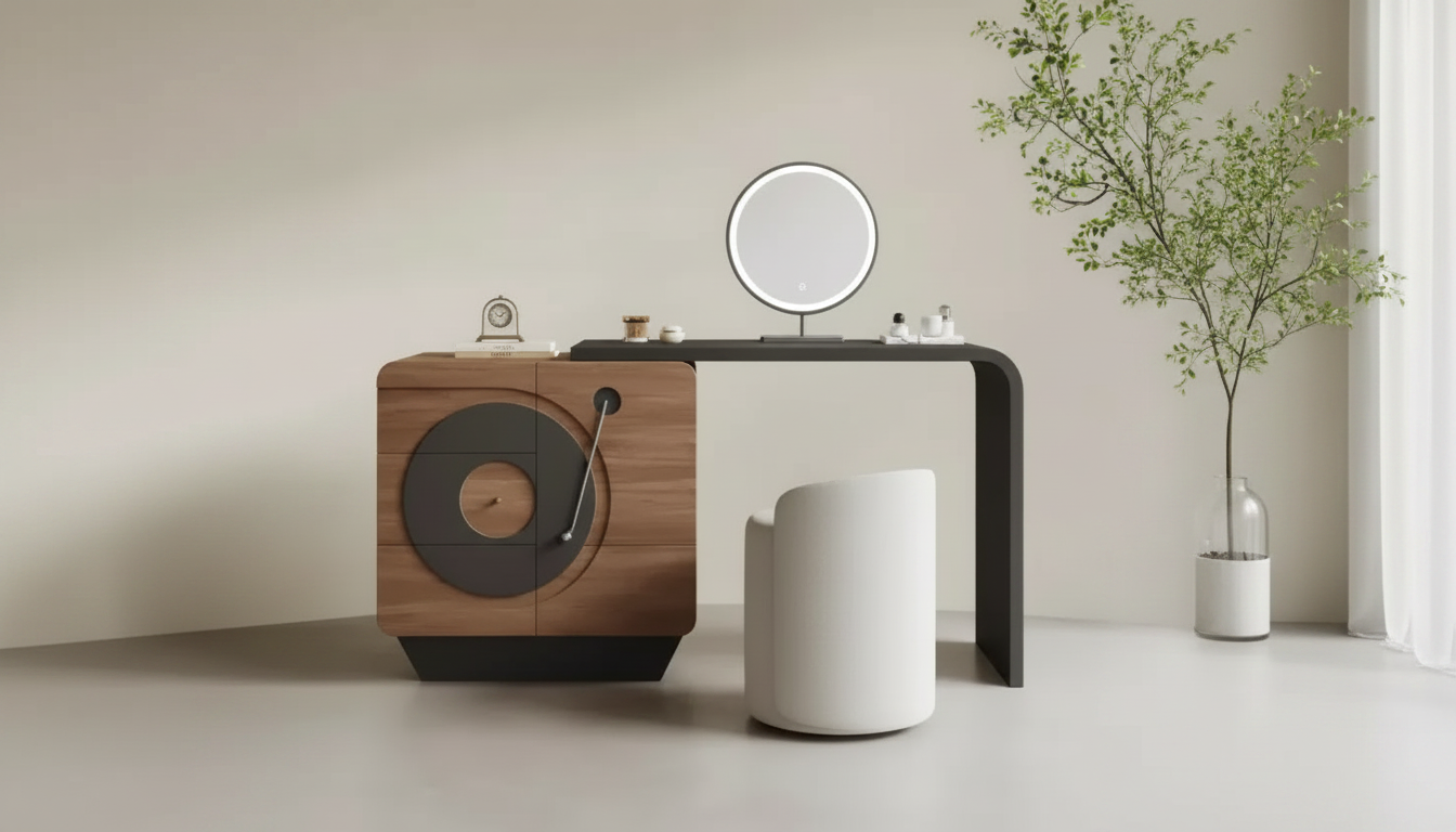 Minimalist Wood Vanity Set: Mirror & Stool for Luxe Spaces