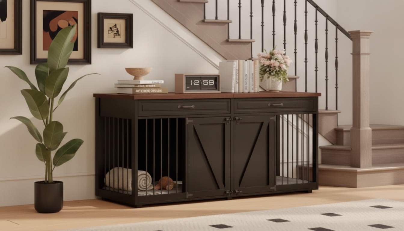 Wooden Dog Crate with Drawers + Divider: Indoor Setup