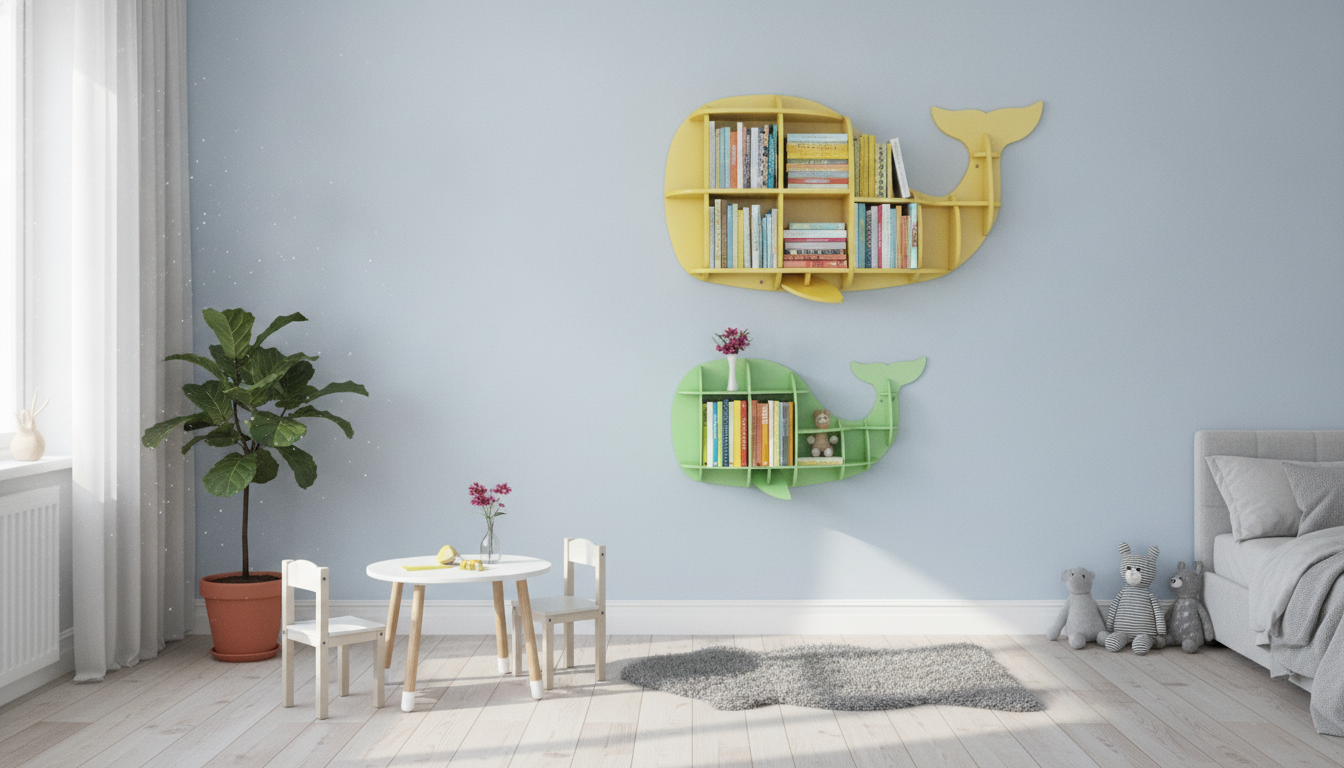 Cute Whale Wall Shelf: Minimal Nordic Kids Book Display