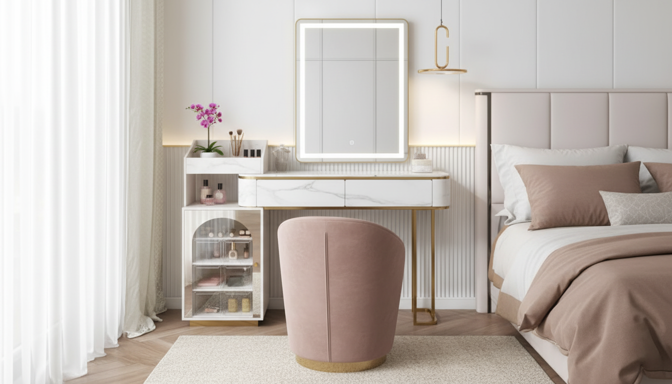 Modern Vanity Set with Mirror, Stool & Storage Drawers