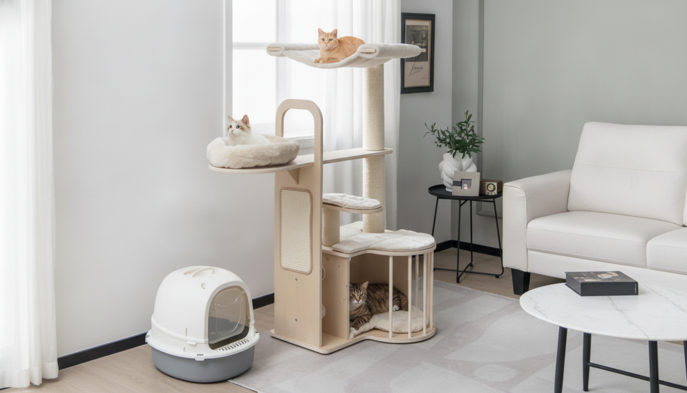 Stable Wooden Cat Tree for Large Cats: Sisal + Washable Pads